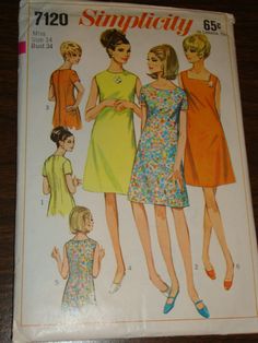 SALE   15% OFF THE PURCHASE OF TWO OR MORE PATTERNS - AND FREE U.S.A. SHIPPING WITH A $25.00 PURCHASE UP TO 3 (THREE) PATTERNS SHIP TO CANADA* FOR THE 1ST SHIPPING FEE BRAND and PATTERN # - Simplicity #7120 DATE - 1967 Copyright CONDITION - Good used with all original cut tissue pieces and instructions included. This pattern is in a protective sleeve because the envelope is fragile. SIZE - Vintage Misses 14 or Approx. Contemporary Misses Size 12 MEASUREMENTS - USA - Bust 34 Inches Waist 26 Hip 36 or CANADA - Bust 87 Waist 66 Hip 92 STYLE - 60s Dress with Squared, High and Lowered Round Neck, Sleeveless or Short Sleeves, Back Zipper, Knee Length DESCRIPTION - "Misses' Dress with Three Necklines:  The collarless A-line dress has back zipper. V. 1, 2 & 3 have short set-in sleeves.  V. 4, 5 & 60s Shift Dress, Style Année 60, Simplicity Patterns Vintage, Patron Vintage, 1960 Fashion, Mode Retro, Shift Dress Pattern, Robes Vintage, Fashion 1960s