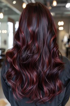 40 Chocolate Cherry Brown Hair Ideas for the Ultimate Luxurious Look Chocolate Hair Red Highlights, Chocolate Brown And Red Hair, Chocolate Brown Hair With Red Highlights, Cherry Red Highlights In Brown Hair, Cherry Cola Highlights, Cherry Red Highlights, Red Brown Balayage, Chocolate Cherry Brown Hair, Cherry Red Hair Color