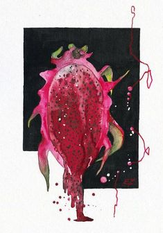 a drawing of a pink flower on a black and white background with red splats