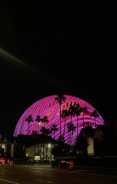 an illuminated dome with palm trees in front of it