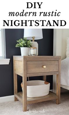 a night stand with a basket on it and the words diy modern rustic nightstand