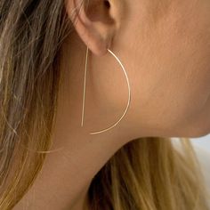 "You'll love the beautiful geometric design of these wire hoop earrings in 14K gold or sterling silver! Choose from large 2\" or a smaller 1\" D shaped semi circle hoops. The delicate design makes them comfortable to wear anytime, you'll never want to take them off!! E A R R I N G S * Premium 14K gold fill or sterling silver wire * Large earring measures 2 inches, small earring measures 1 inch * Handmade with care and love at our studio in San Diego, CA USA PACKAGING * Comes packaged in a charmi Modern Small Hoop Wrap Earrings With Ear Wire, Minimalist Metal Hoop Wrap Earrings, Gold Hoop Threader Earrings For Everyday, Modern Gold Hoop Linear Earrings, Modern Gold Hypoallergenic Threader Earrings, Modern Adjustable Hoop Wrap Earrings, Adjustable Modern Hoop Wrap Earrings, Modern 14k Gold Filled Threader Earrings, Elegant Adjustable Geometric Earrings