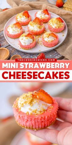 These Mini Strawberry Cheesecakes easy to make using simple ingredients and packed with flavor! With a creamy cheesecake filling on top of a graham cracker crust, these individual strawberry cheesecakes are perfect for any occasion! Fruit Mini Cheesecake, Mini Cheesecakes Strawberry, Finger Food Desserts Easy, Strawberry Cake Cheesecake, Simple Baking Recipes Dessert, Pink Food Recipes, Strawberry Mini Cheesecake, Cheesecake Recipes Mini