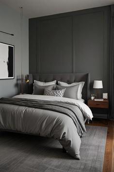 a bedroom with gray walls and a large bed