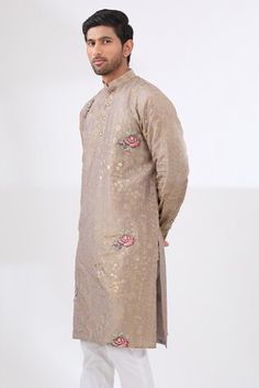 Grey tissue kurta with zari floral and rose motif embroidery. Paired with a cotton silk pant. - Aza Fashions Luxury Floral Embroidered Tissue Silk Kurta, Beige Floral Embroidery Wedding Kurta, Floral Embroidered Cotton Silk Sherwani, Festive Semi-stitched Sherwani With Floral Embroidery, Luxury Men's Floral Embroidered Kurta, Band Collar, Silk Pants, Fashion App, Cotton Silk