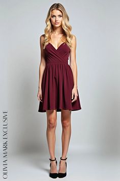 Olivia Mark - Elegant Wrap Front Cocktail Dress Burgundy A-line Dress For Date Night, Flowing Skirt, Burgundy Dress, Fitted Bodice, Olivia Mark, Luxury Fabrics, Timeless Pieces, Elegant Dresses, Bodice