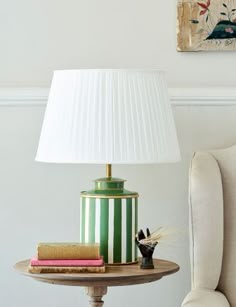 a table with a lamp and books on it