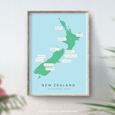 a framed map of new zealand with the names and cities on it, surrounded by flowers