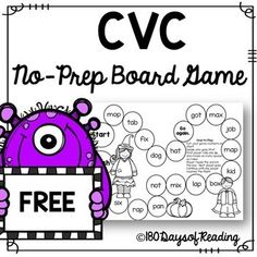 a free cvc no prep board game with an image of a purple monster holding a sign