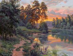 a painting of a lake with trees and grass in the foreground, as the sun sets