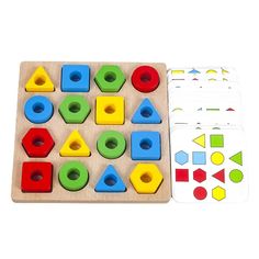 a wooden toy with matching shapes and numbers