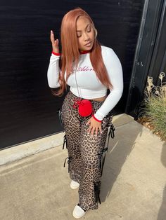 Valentine's Day Outfit Black Women, Brown Dunks Outfit Black Women, Cheetah And Red Outfit, Red And Cheetah Outfit, Outfit With Red Hair, Outfit With Red Boots, Ed Hardy Outfit Black Women, Outfits With Red Hair, Valentines Day Outfits Black Women