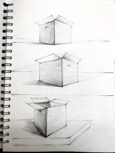 three pencil drawings of small houses and one big house on the ground with no roof