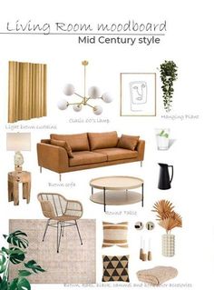 living room mood board mid century style