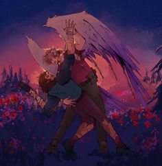 two people are hugging in the middle of a field with red flowers and purple sky behind them