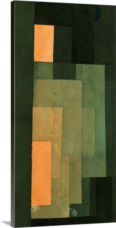 an abstract painting with squares and rectangles in green, yellow and orange colors