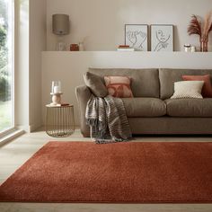 a living room with a brown couch and red rug on the floor next to a window