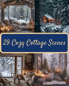 cozy cottage scenes are featured in this collage