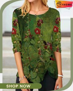 Classic and Comfortable Winter T-shirt Green Graphic Print Top For Fall, Winter T Shirts, Pullover Mode, Aaliyah, Belleza Natural, Ladies Tops Fashion, Shirt Online, Women Collection, Fashion Collection