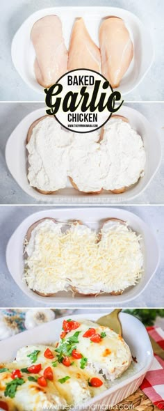 three different types of baked garlic chicken on plates