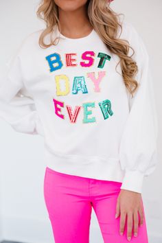 It's the best day ever when you pull on this cozy white pullover. Made of a soft cotton blend, this pullover is perfect for any occasion. Pair it with jeans and boots for a cute look. Product Details: Soft and lightweight material Relaxed cropped fit Rounded neckline Hand wash only True to size Model is 5’7 and is wear Trendy White Weekend Sweatshirt, Trendy White Sweatshirt For The Weekend, White Top For Weekend In Fall, White Tops For Weekend In Fall, White Long Sleeve Sweatshirt For Weekend, White Tops For Weekend Fall Season, White Tops For Weekend Fall Wear, Trendy Spring Weekend Sweatshirt, Weekend White Crew Neck Sweatshirt