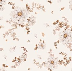 a floral wallpaper with white flowers and brown leaves