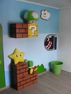 a child's room with mario and luigi on the wall, green potted plant