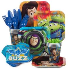 toy story party supplies including plates, napkins and cups