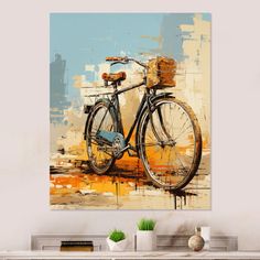 a painting on the wall of a room with a bicycle