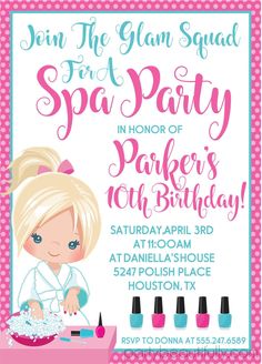 Spa Birthday Party Invitations Spa Day Birthday Party Invitations, Spa Party Invites For Kids, Spa Birthday Party Invitations, Hot Pink And Turquoise, Spa Party Invitations, Slumber Party Invitations, Spa Birthday Party, Spa Party Favors, Spa Girl