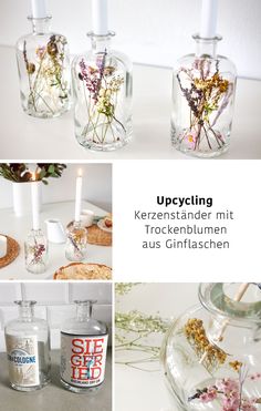 several different images of flowers in glass bottles with candles and jars on the counter top