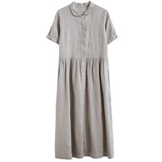 Women's Cotton Linen Dress Crew Neck Short Sleeve Single Breasted Midi Dress Solid Dress Spring Collared Shift Dress, Spring Shift Dress With Collar, Spring Collared Non-stretch Dress, Summer Collared Maxi Dress, Beige Linen Dress Solid Color, Spring Non-stretch Collared Dress, Beige Linen Solid Color Dress, Casual Collared Solid Color Dress, Casual Collared Shift Dress