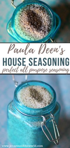 a blue jar filled with powdered sugar and the words paula deep all purpose seasoning mix