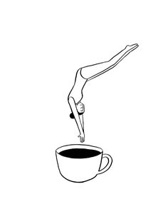 a black and white drawing of a person diving into a coffee cup with their hands in the air