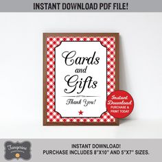 a sign that says cards and gifts with the words instant printables 8x10 and 7x7 sizes