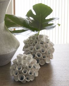 two white vases sitting on top of a wooden table next to a green plant