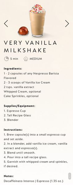 the menu for very vanilla milkshake, which is available in multiple flavors and sizes