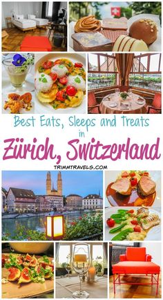 the collage shows pictures of different foods and places to eat in switzerland, where there are