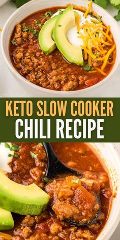 keto slow cooker chili recipe in a bowl with avocado and cheese