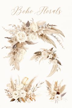 some white flowers and feathers on a white background with the words boho florals