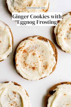 ginger cookies with eggnog frosting are on a white surface and the title is above it