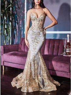 Mermaid / Trumpet Evening Gown Sparkle & Shine Dress Carnival Red Green Dress Floor Length Long Sleeve V Neck Sequined with Feather Crystals 2024 2024 - $177.99 Trumpet Prom Dress, Celebrity Style Dresses, Structured Corset, Sheer Corset, Corset Gown, Paris Blue, Cinderella Divine, Prom Dresses Long Mermaid, Mermaid Evening Gown