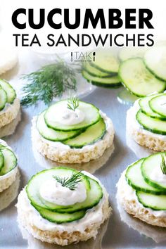 cucumber tea sandwiches with cream cheese and dill on top are ready to be eaten