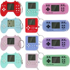 six gameboy keychains are shown in different colors and sizes, each with an lcd screen