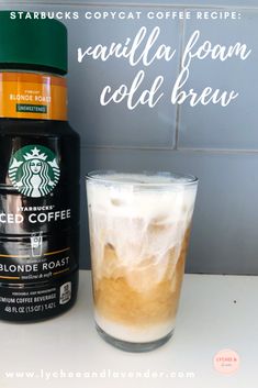 starbucks vanilla foam cold brew next to a glass of iced coffee with the words starbucks vanilla foam on it