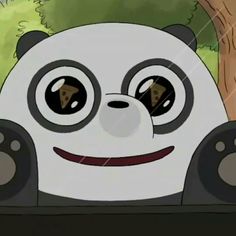 a cartoon panda bear sitting in front of a tree with its eyes wide open and smiling