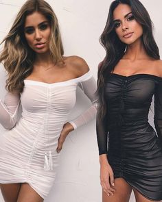 off the shoulder tulle long sleeve ruched tight club dress Tight Dress Short, Kim Kardashian Outfits, Tight Dress Outfit, Kardashian Outfit, Black Mesh Dress, Mesh Bodycon Dress, Outfits 2017, Party Dress Long Sleeve, Club Dress