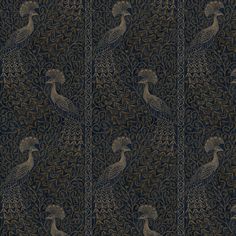 an image of a peacock on a black and gold wallpaper pattern with swirls