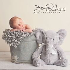 a baby sleeping in a bucket with an elephant next to it and another stuffed animal