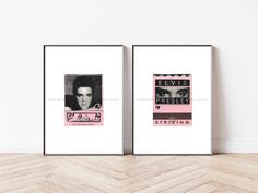 two framed posters with elvis presley's face and name on them in front of a white wall